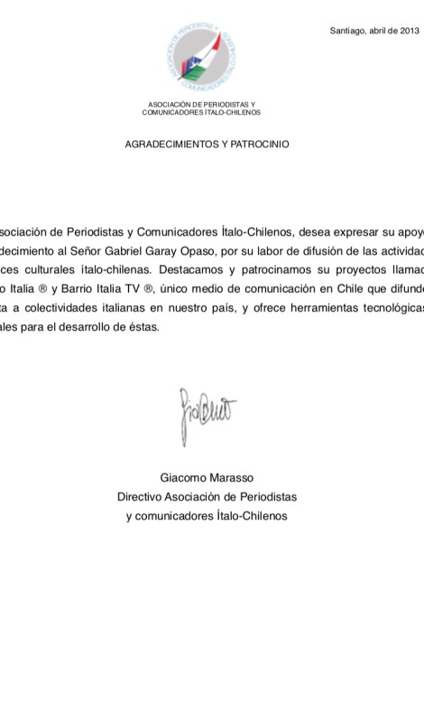 Carta de Reconocimiento: Asociación de periodistas ítalo-chilenos