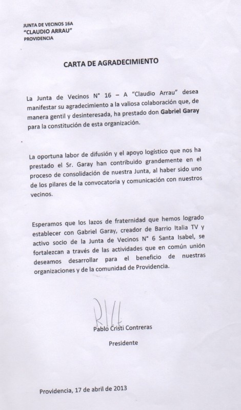 Carta de Reconocimiento: Juntas de Vecinos del sector