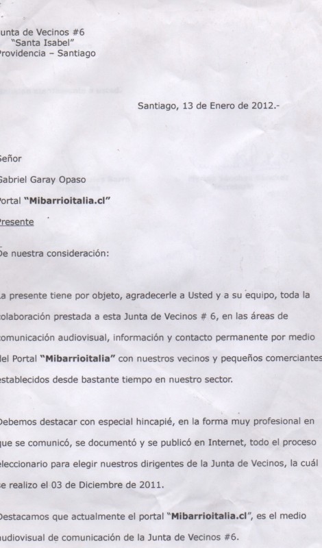 Carta de Reconocimiento: Juntas de Vecinos del sector